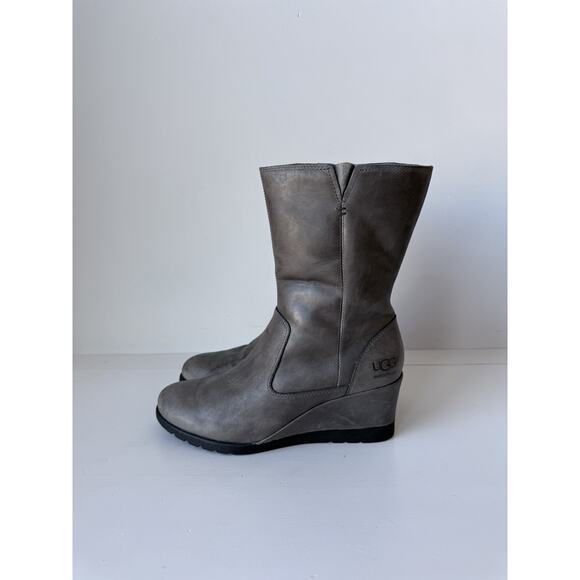 UGG Joely Wedge Boot 1012528 Gray Leather Zip Waterproof Lined Boots Size 7 - Picture 2 of 11